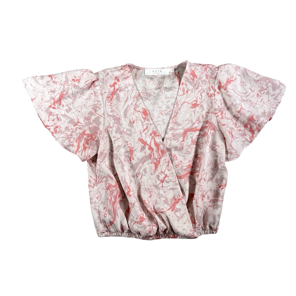 ASTR the Label Women's Flutter‎ Sleeve Surplice Top in Blush Marble Size Small